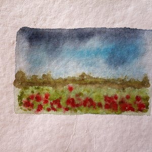 Campo di papaveri, pittura in miniatura, mini acquerello, pittura di paesaggio, unico, piccolo acquerello, papavero, foresta, prato, pittura, regalo, arte, astratto