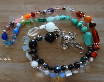 Hippie necklace, colorful glass bead necklace, elephants, boho, hippie, ethno party, summer feeling, festival, rainbow, elephant, multicolor, unique
