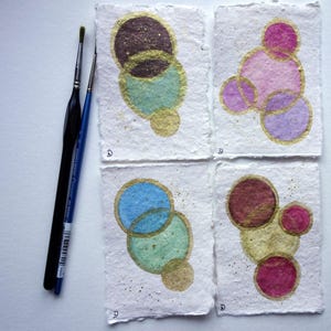 BOLAS DE ORO, pinturas abstractas en miniatura, arte de acuarela, pinturas de acuarela, fantasía, abstracto, formas geométricas, regalo, tarjetas, piezas únicas