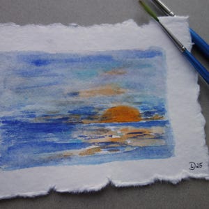 SONNE und MEER, Sonnenuntergang, Aquarellbild, Mini Aquarell,Original,kein Druck, Geburtstagsgeschenk, Grusskarte, Wanddeko, Landschaftsbild