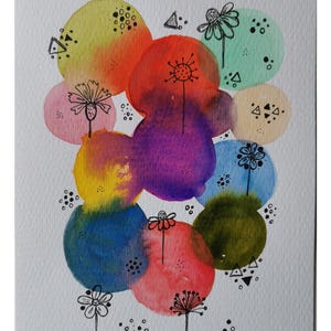 PALLONCINI COLORATI, acquerello, biglietto d'auguri, decorazione murale, quadro originale, senza stampa, gioco di colori, palline colorate, colorato, astratto, fiori, arte astratta