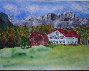 Landscape picture, watercolor, original, mountain landscape, house in the forest, mural, gift, unique, hand-painted watercolor, not a print, A 4 picture