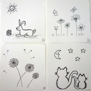 Kleine Zeichnungen, Hase, Ostern, Katze, Pusteblume, Blumen, Miniatur,kleine Bilder, Geschenk, Grusskarte, schwarz weiß, Original kein Druck