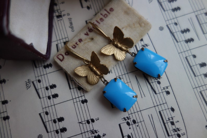 Playful earrings, butterfly in sky blue, romantic jewellery, nostalgia, Art Nouveau style, Baroque, Rococo image 7