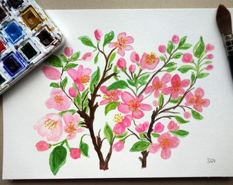 Cherry blossom, pink flowers, watercolor, original, painting, unique, fruit blossom, tree blossom, cherry blossom, apple blossom, branches and flowers, abstract