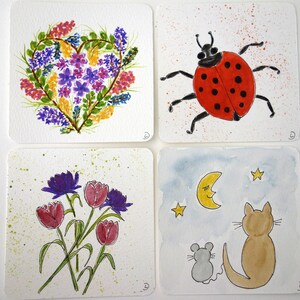 Mini aquarelles, petits tableaux, cadeau, 9 x 9 cm, fleurs, coccinelle, chat et souris, aquarelles originales, printemps, fête des mères, anniversaire