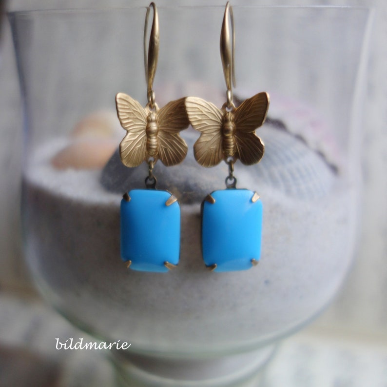 Playful earrings, butterfly in sky blue, romantic jewellery, nostalgia, Art Nouveau style, Baroque, Rococo image 2