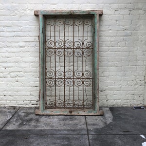 Antique Wrought Iron and Wood Window Grate, Antique Victorian Architectural Wrought Iron Grille, Tunisian, French