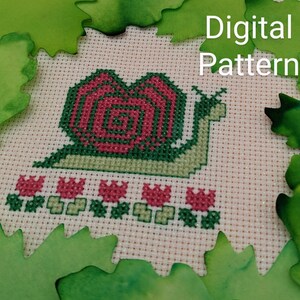 Snail Friend - cross stitch pattern - spring flowers - Valentines
