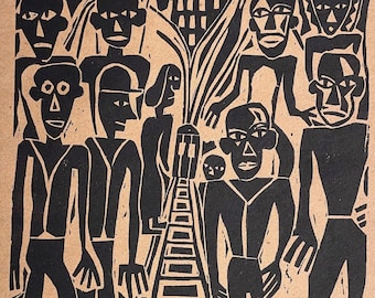 May include: A black and tan linocut print titled "El People" by John A. Knudsen '64. The artwork depicts stylized figures and a central pathway, with the text at the bottom. The print has a folk art style.