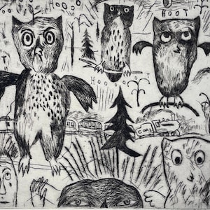 May include: A black and white etching titled "Assembly" featuring several owls, trees, and a train. The word "HOOT" is written in several places. The artist's signature and the number 7/7 are visible.