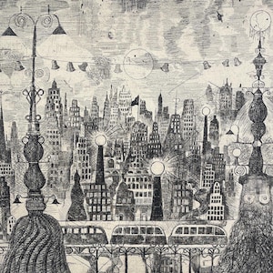 Puede incluir: Un grabado en blanco y negro de un paisaje urbano con edificios altos, farolas y un puente con un tren. La obra de arte tiene un aspecto vintage, con la palabra "City" en la esquina inferior izquierda.