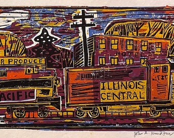 May include: A colorful, stylized print depicting a train scene with various boxcars and buildings. The print features text including "UNION PIER", "RAMBERGS BAKERY", and "SOUTHERN PACIFIC". The artwork uses a palette of reds, yellows, blues, and browns.
