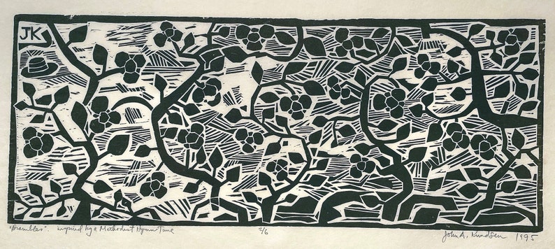 Bramble, Black Ink, inspired by a Methodist Hymn Tune , Woodcut, Edition 2/6, 1995, Signed by artist John A. Knudsen, Edition by artist