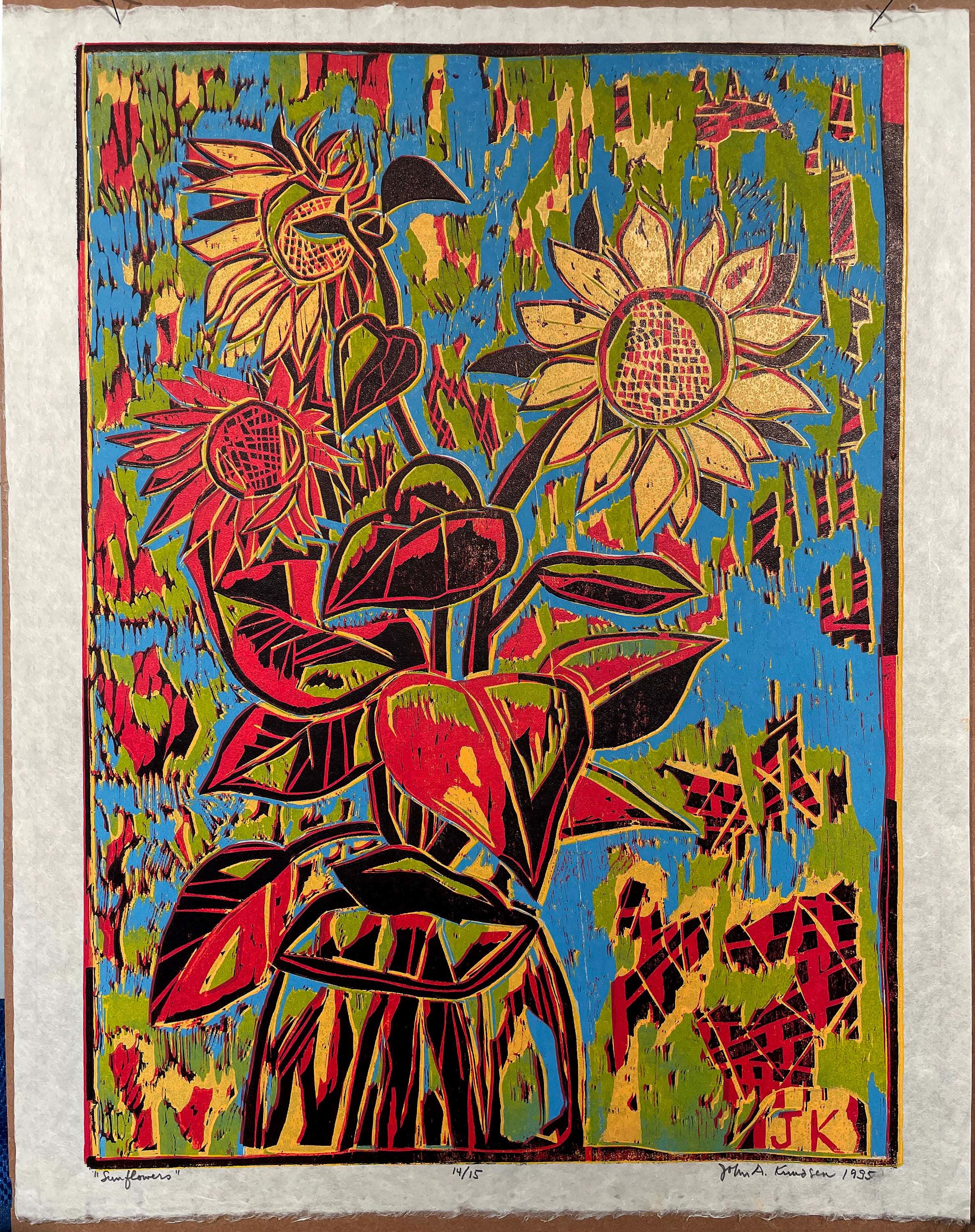 Girasoli, 1995, xilografia, edizione 14/15, creata e stampata da John A. Knudsen