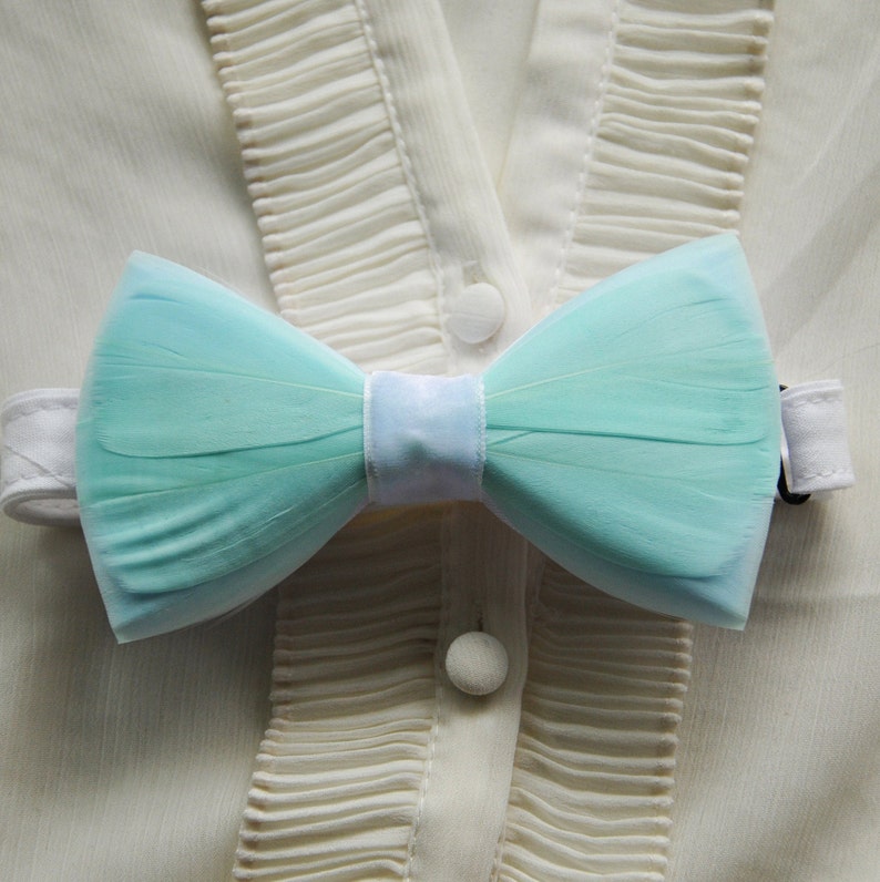 Mint bow tie with cock feathers. Boho bow tie feather bow Etsy