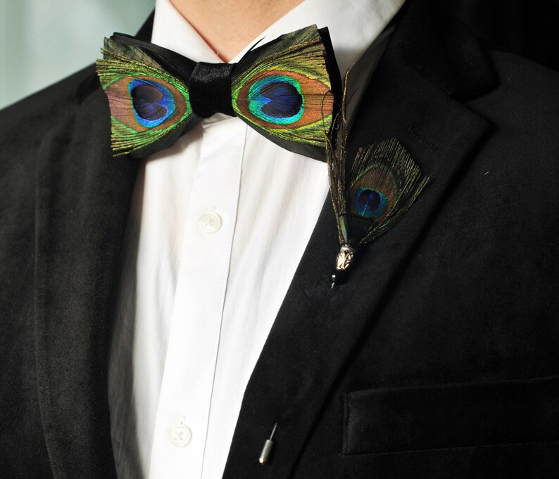 boho style peacock feather tie designer bowtie feather bow tie Black bow tie with peacock feathers and rooster feathers peacock feather