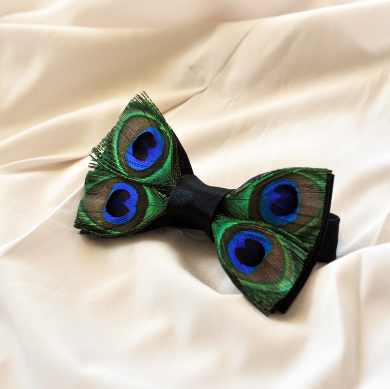 boho style peacock feather tie designer bowtie feather bow tie Black bow tie with peacock feathers and rooster feathers peacock feather