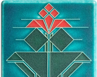 Frank Lloyd Wright Avery Tulip Tile (Turquoise) 4”x4”