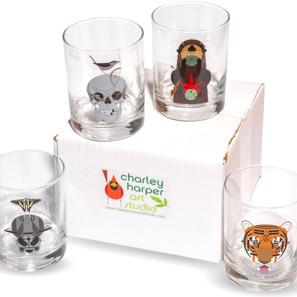 Charley Harper Wild Life I Double Old-Fashioned Glasses (Set of 4)