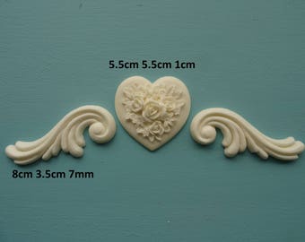 Decorative rose on heart and scrolls x 2 applique furniture moulding RHGS