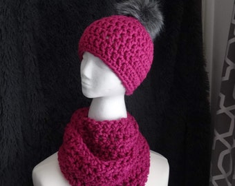 super chunky beanie and snood set hand crafted crochet magenta pink with grey pom pom xmas gift