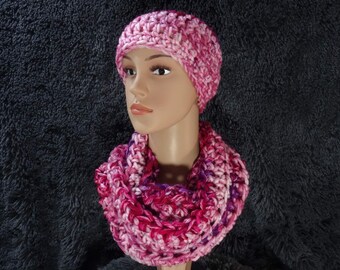 chunky beanie and snood set hand crafted crochet mixed pinks ripple MP