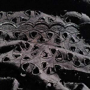 Puede incluir: Primer plano de tela negra con intrincados patrones recortados. La tela tiene un borde festoneado y un diseño detallado de formas curvas y recortes de ojal. La textura parece suave y el color es negro intenso.