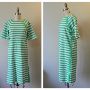 Vintage 60s 1970s Kimberly Kelly Green White Striped Knit Dress Side buttons  // US 4 6 small