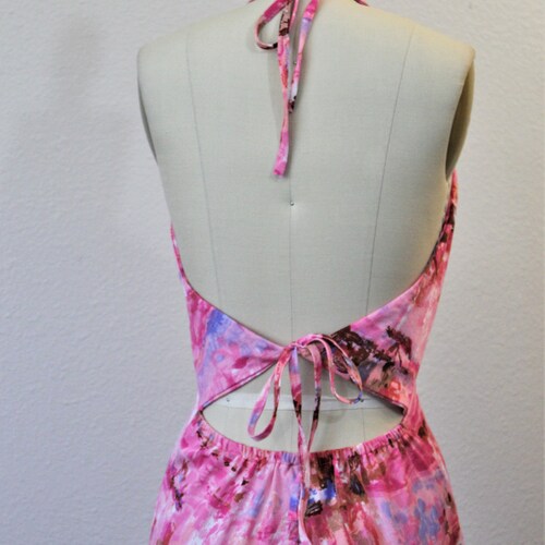 Vintage 1970s Two Potato Laguna Beach pink Marbled Tie Dye Halter Back Tie Maxi Dress // US 2 4 6 small 2024