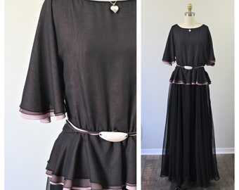 Vintage 1970s 70s Dalani II  Black Brown Mauve layered chiffon butterfly sleeve Maxi Dress  // US 8 10 M L