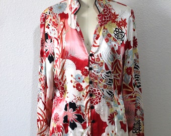 Vintage 1980s 90s Silk Asian Pattern Nehru Collar Blouse shirt top // US 4 6 Small