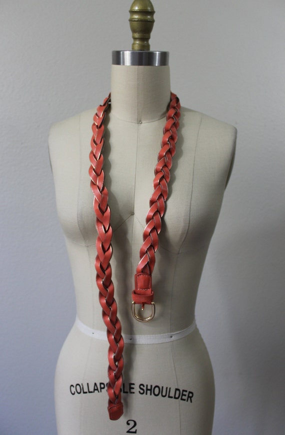 Vintage 1970s 70s Tangerine coral gold Braided Le… - image 3