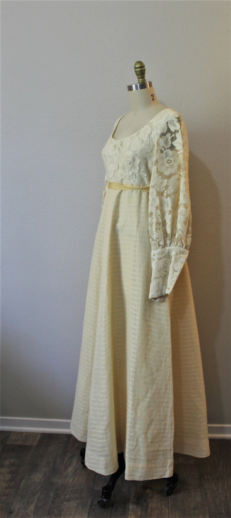 Vintage 60s 1970s Princess Kaiulani Butter Cream Lace Victorian Maxi Dress puff sleeve rare label Hawaiian Wedding // US 4 6 small image 6