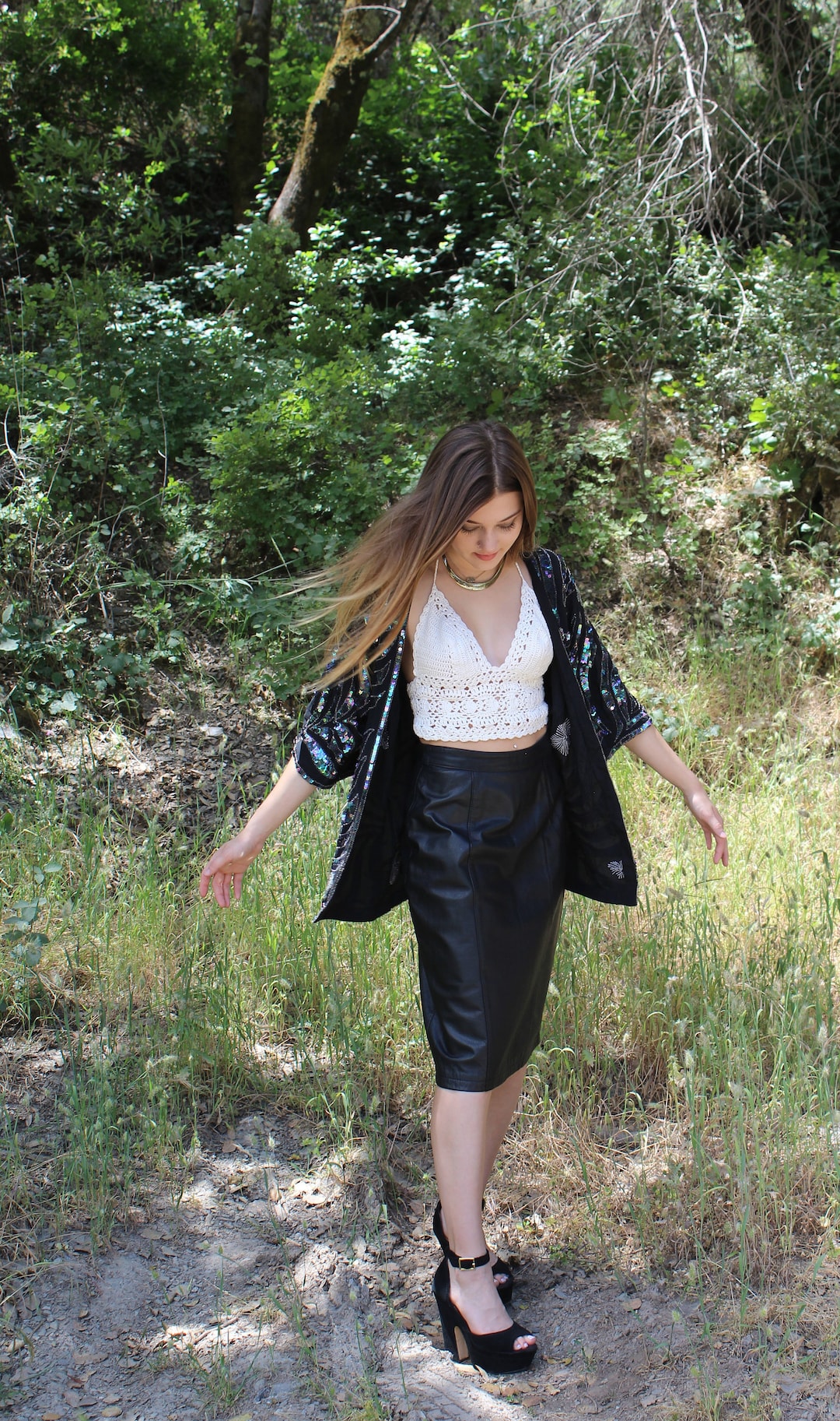 Vintage 80's 1980 Rocker Black Leather Mini Pencil Wiggle Skirt