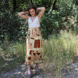 Vintage 70&#39;s Ethnic Tribal Print Wrap Hippie Boho Beach Maxi Cotton Skirt barkcloth