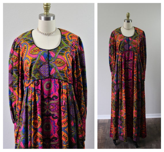 Vintage 60/'s Alice of California Patchwork Caftan Maxi Dress Pony unicorn barkcloth hawaiian modern small medium US 4 6