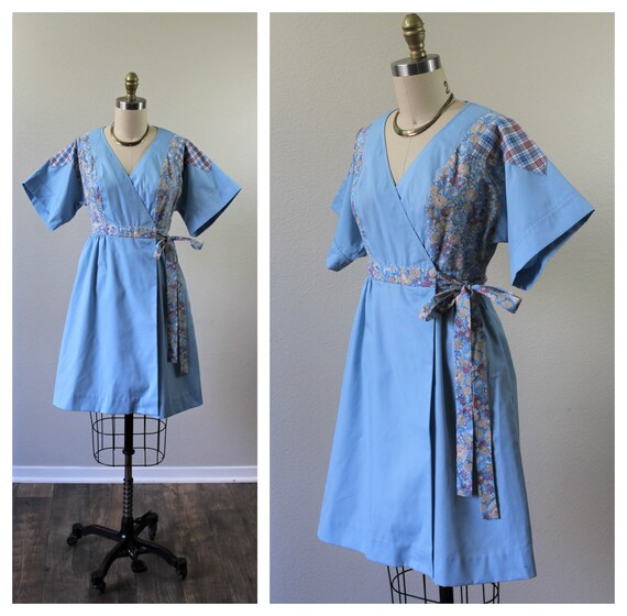 Vintage 1970s 70s Act I Blue patchwork wrap around