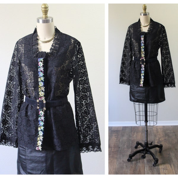 Vintage 1960s 70's CAPTIVE CREATIONS Sheer Lace Velvet Floral Metallic Flowers Ribbon Tunic Blouse Shirt Victorian gypsy // US 4 6 Small