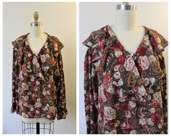 Vintage 70s 80s Poet Blouse ruffled Romantic floral Shirt Victorian Impressions California // US 8 10 12 Med Large