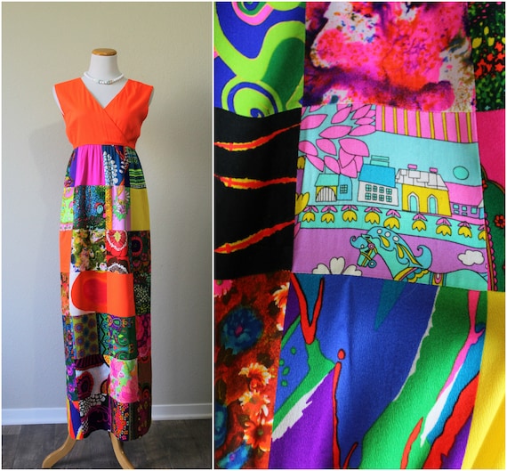 Vintage 60/'s Alice of California Patchwork Caftan Maxi Dress Pony unicorn barkcloth hawaiian modern small medium US 4 6
