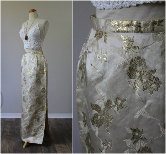 Vintage 60's 70's Asian Cream Gold Metallic SILK … - image 1