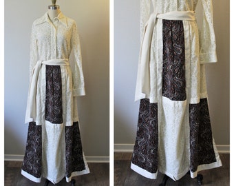 Vintage 1970s Chessa Davis 3 piece printed paisley velvet patchwork skirt and lace blouse Maxi Dress // US 2 4 6 small