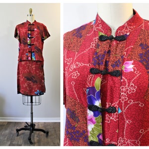 Vintage 70s 1980s Asian print mini skirt and blouse Dress set Mandarin collar frog toggle buttons  // US 6 8 small medium