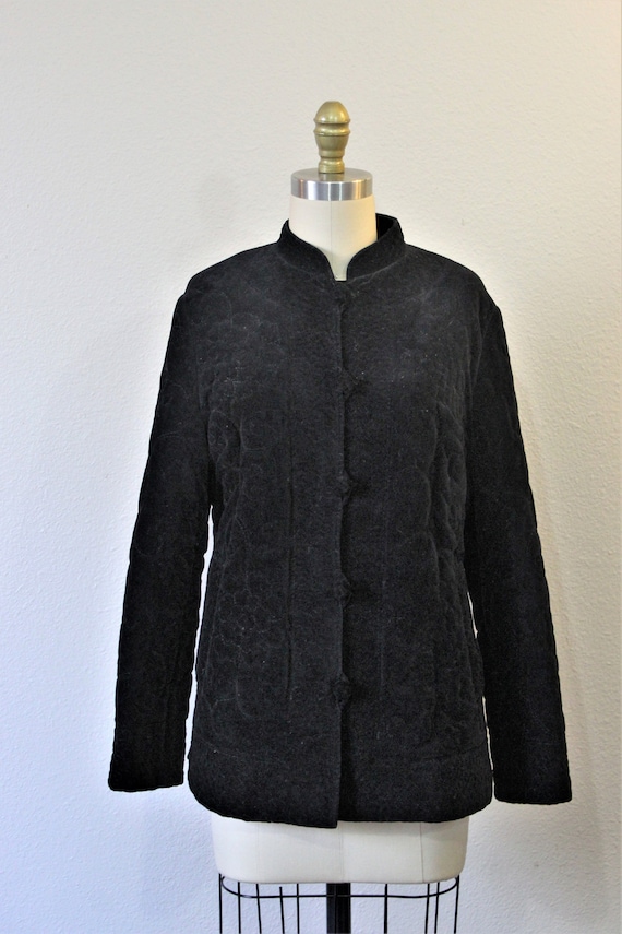 Vintage 1970s 70s Black VELVET Quilted Mandarin C… - image 1