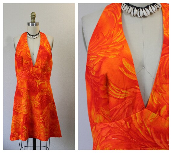 Vintage 1970s Orange Tie Dye Hawaiian Halter Mini