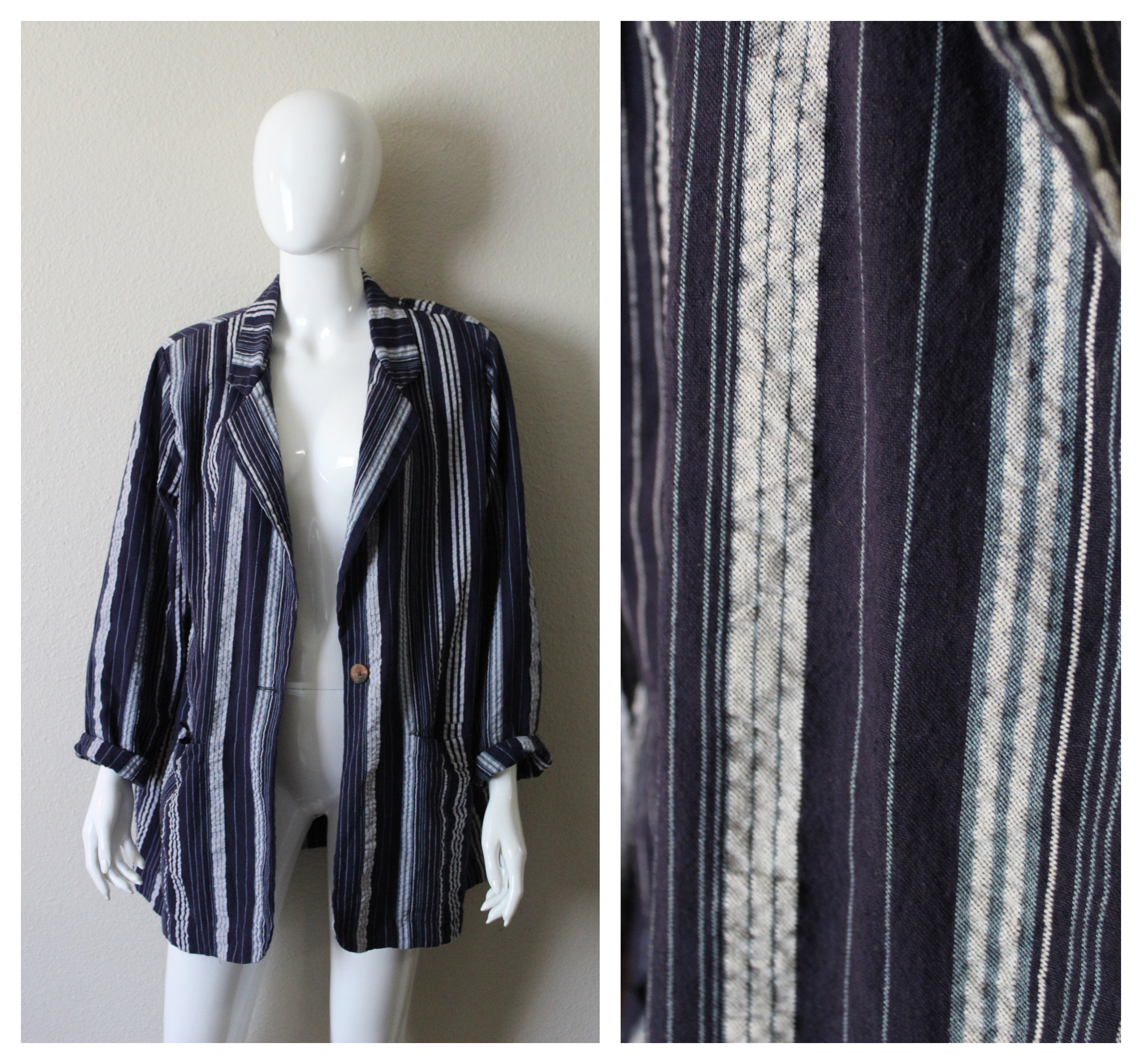 Vintage 1980s 80s Blue White Striped Seersucker Lightweight Cotton 