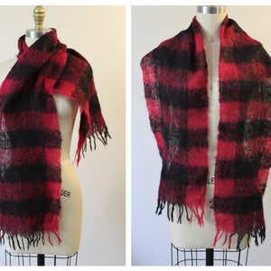Vintage 60s Vera VERA Mohair Scarf Burgundy Red black Checkered Striped Long scarf Fringe