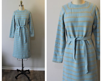 Vintage 70s 1970s GLASCO baby blue lambs wool angora sweater knit tan striped tie belt dress  // US 4 6 small