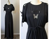 Vintage 1970s 70 39 s Jody T California Black Rose Sheer cut out Lace Cold Shoulder Boho Victorian Maxi Dress US 4 6 8 s med